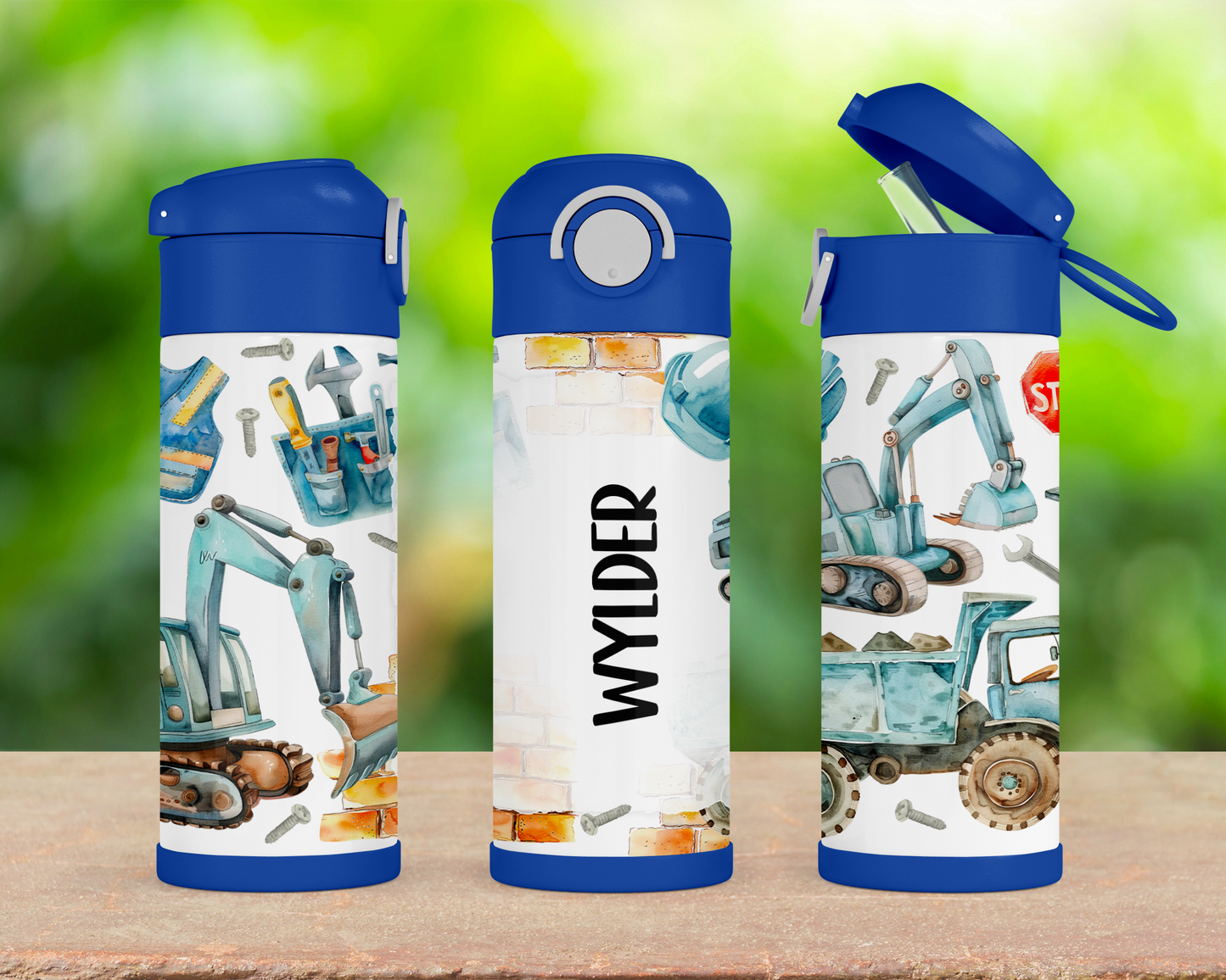 Personalized Construction Vehicles Water Bottle for Kids - Perfect School and Birthday Gift