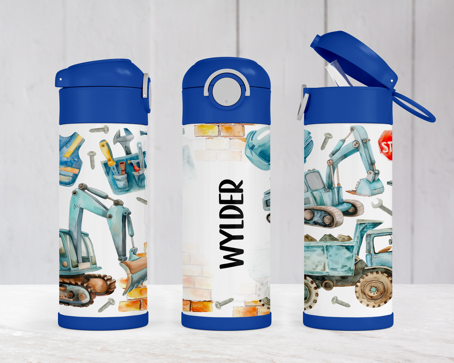 Personalized Construction Vehicles Water Bottle for Kids - Perfect School and Birthday Gift