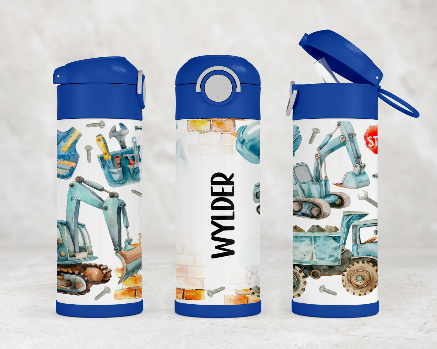 Personalized Construction Vehicles Water Bottle for Kids - Perfect School and Birthday Gift