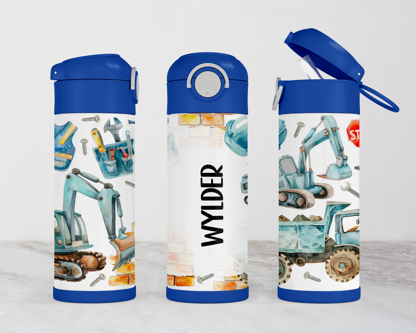 Personalized Construction Vehicles Water Bottle for Kids - Perfect School and Birthday Gift
