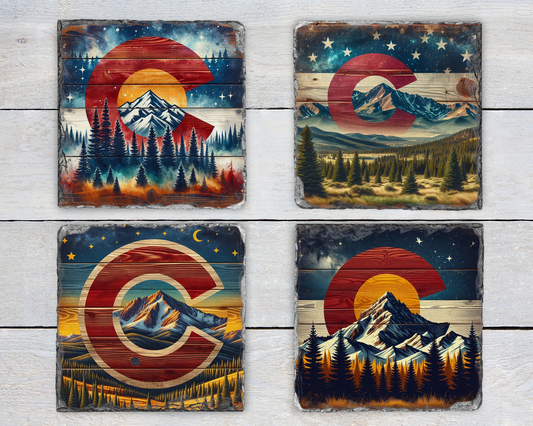 Set of 4 Slate Coasters with Colorado Logo - Mountain and Forest Design