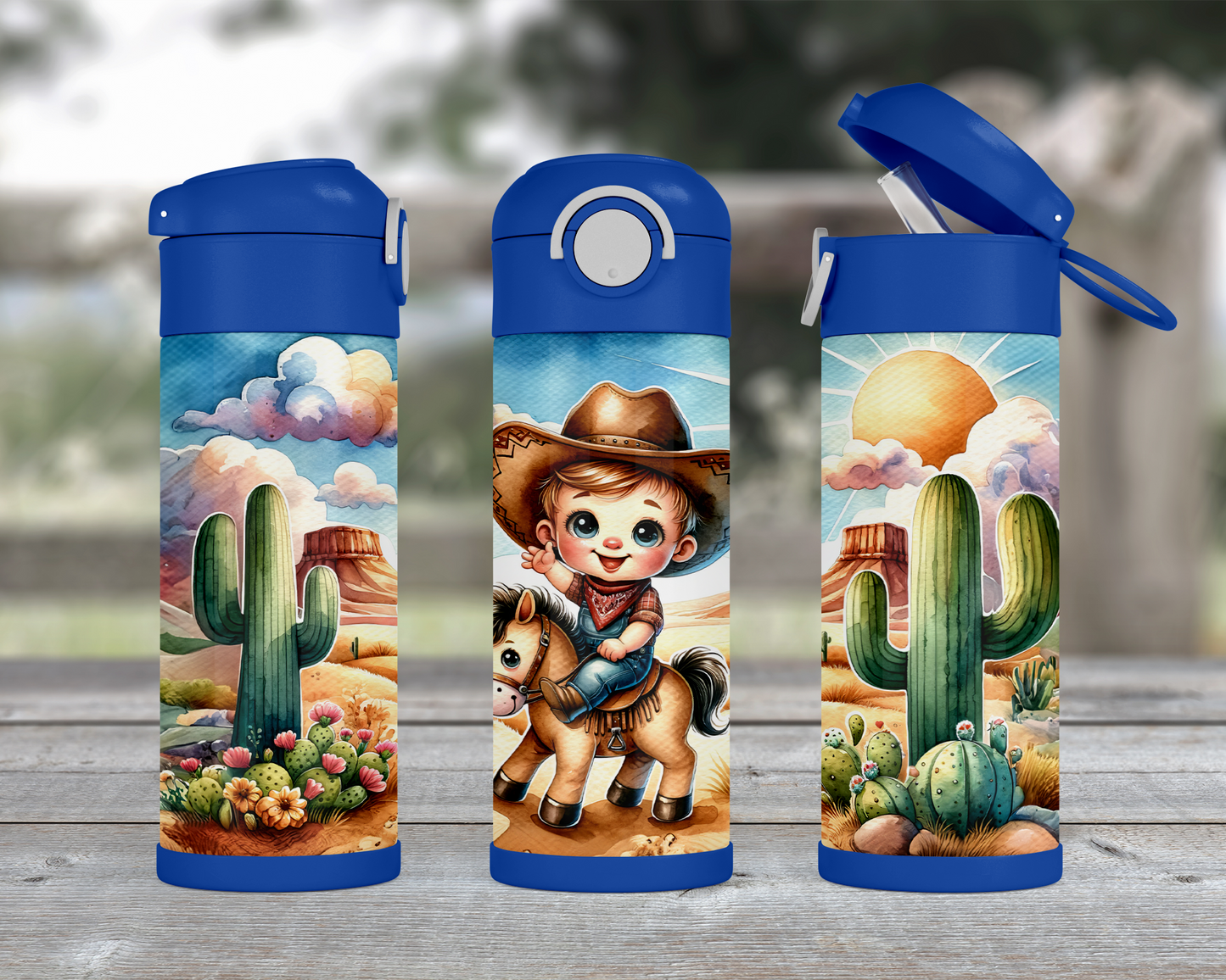 12oz Flip Top Cowboy Water Bottle with Blue Lid Handle