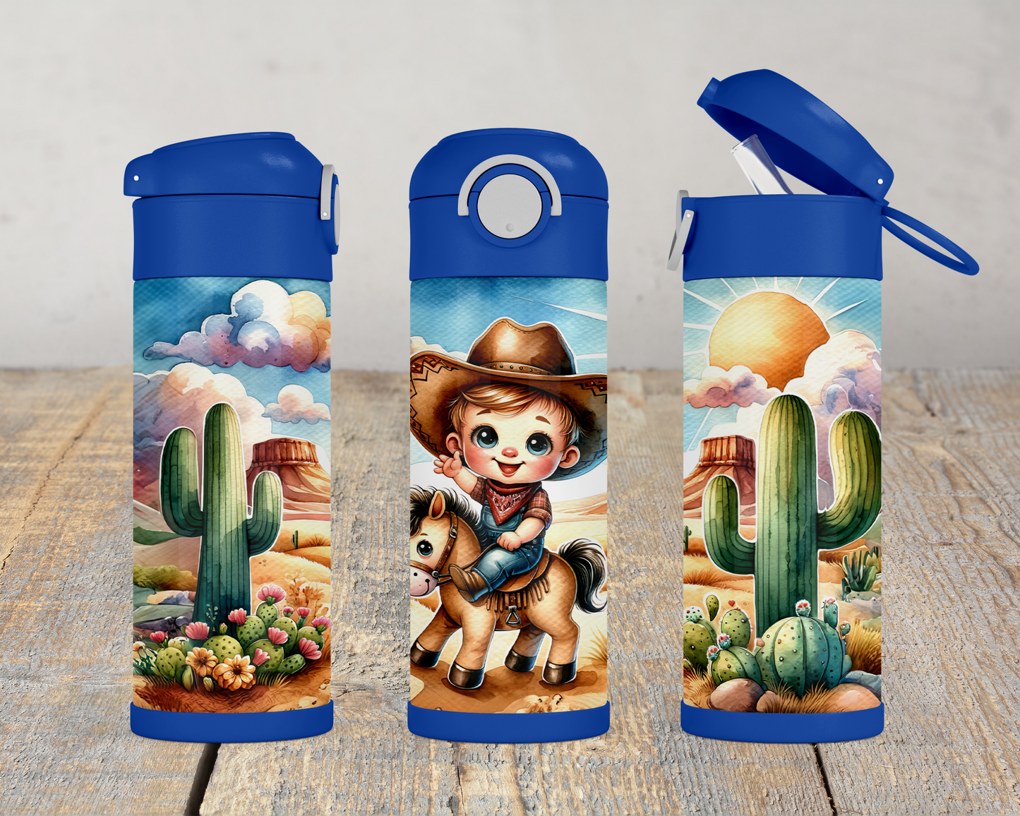 12oz Flip Top Cowboy Water Bottle with Blue Lid Handle