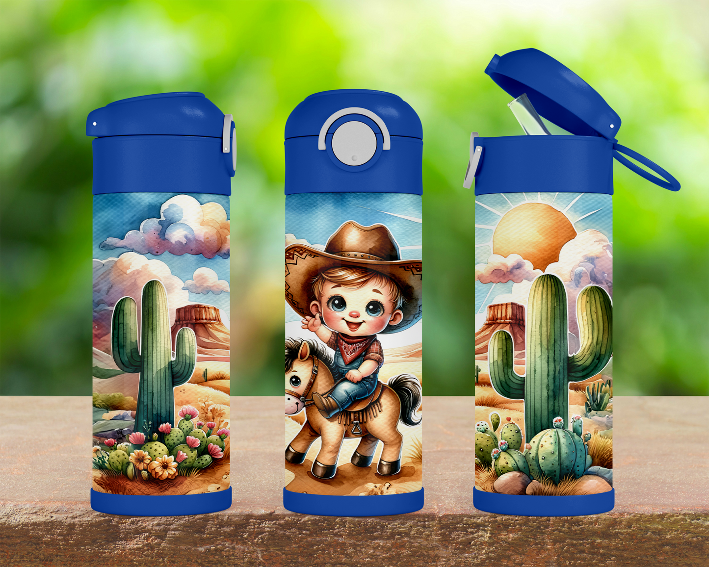 12oz Flip Top Cowboy Water Bottle with Blue Lid Handle