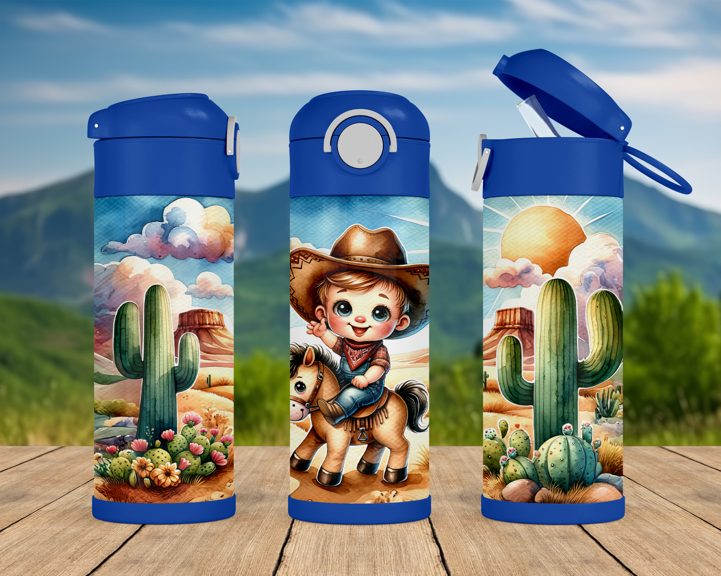 12oz Flip Top Cowboy Water Bottle with Blue Lid Handle