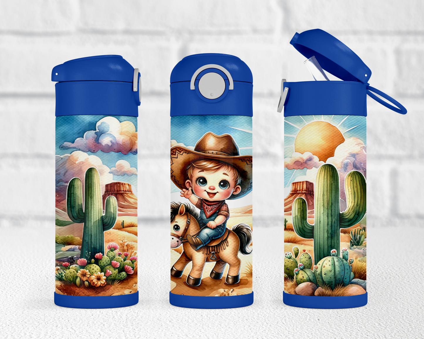 12oz Flip Top Cowboy Water Bottle with Blue Lid Handle