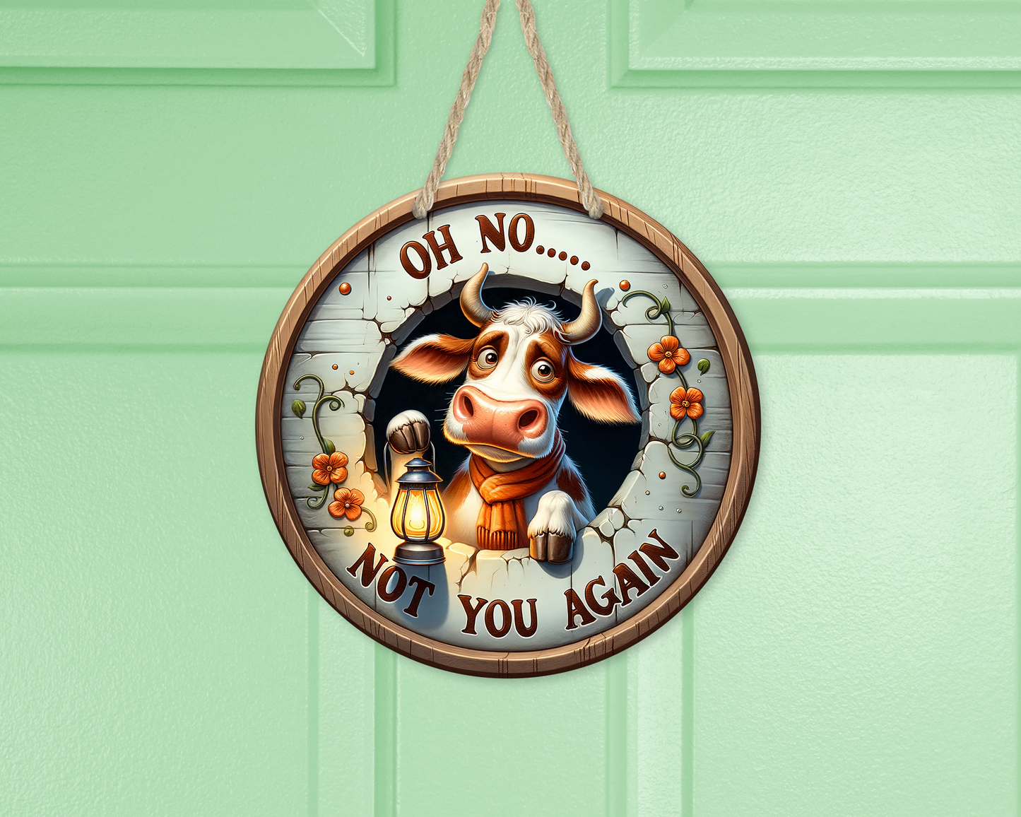 Funny Cow Door Sign with Lantern - Oh No Not You Again Quote Unique Mom Gift Quirky Cow-Themed Decor