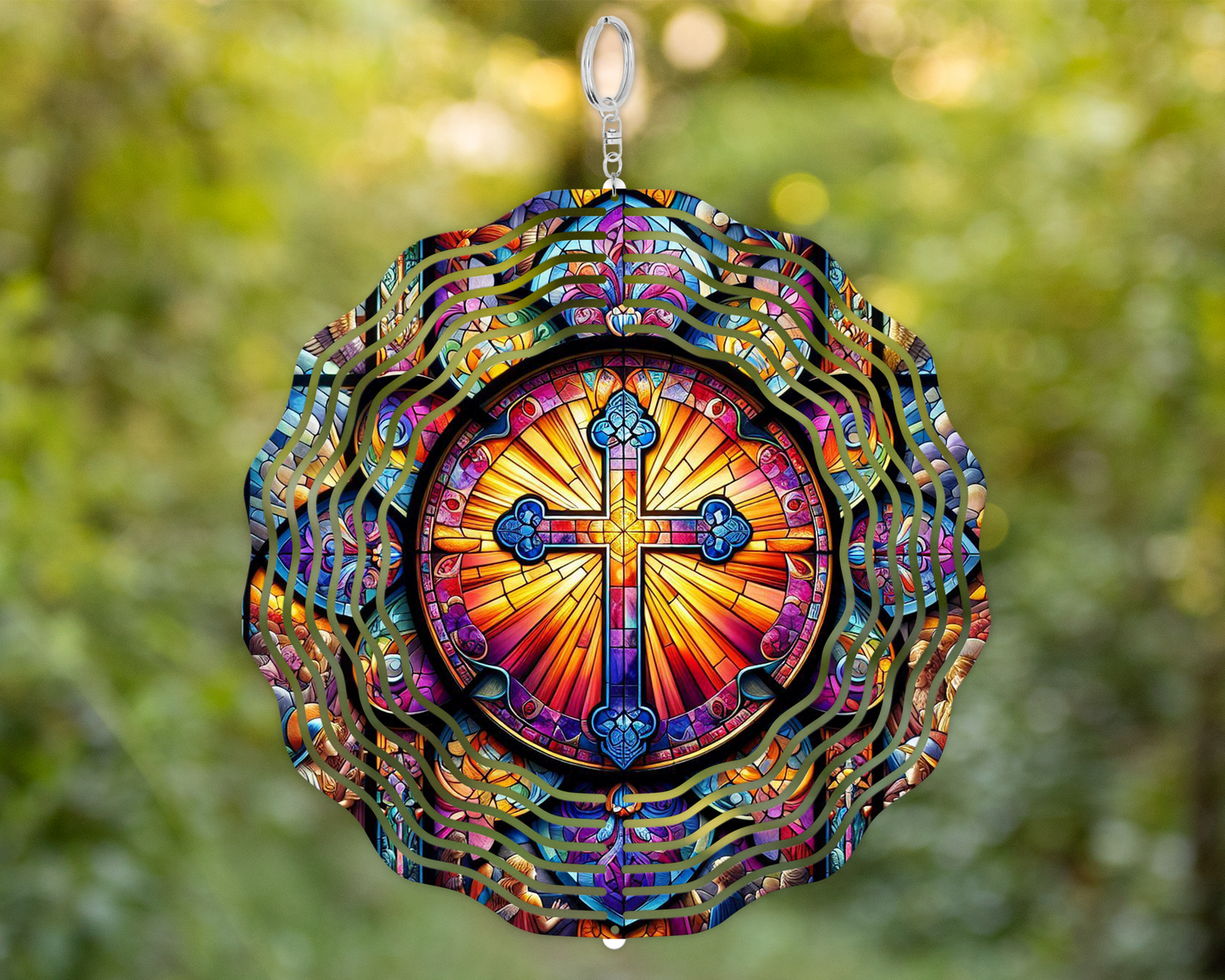 Colorful Faux Stained Glass Wind Spinner with Cross Design
