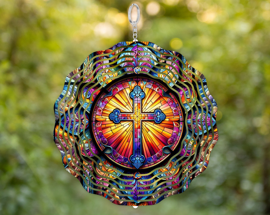 Colorful Faux Stained Glass Wind Spinner with Cross Design