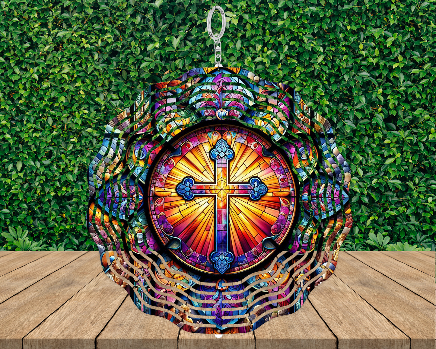Handcrafted Faux Glass Wind Spinner with Stunning Cross Image
