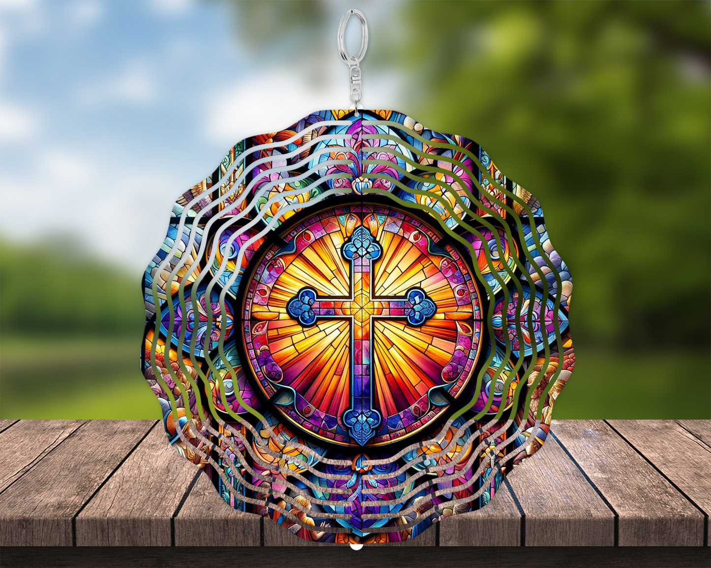 Handcrafted Faux Glass Wind Spinner with Stunning Cross Image