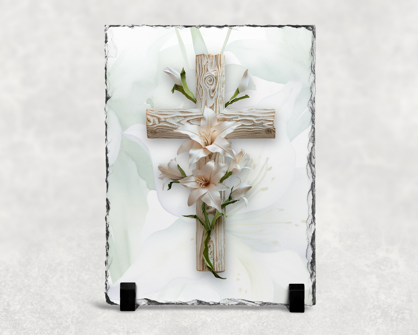 Wooden Cross Slate Plaque with Easter Lily - Religious Home Decor