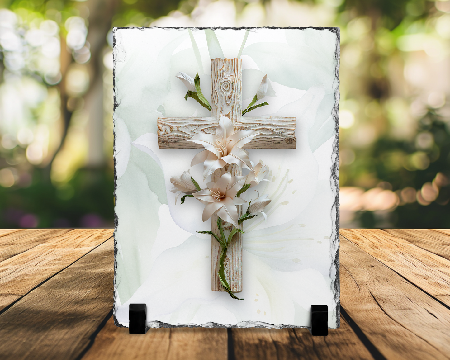 Wooden Cross Slate Plaque with Easter Lily - Religious Home Decor