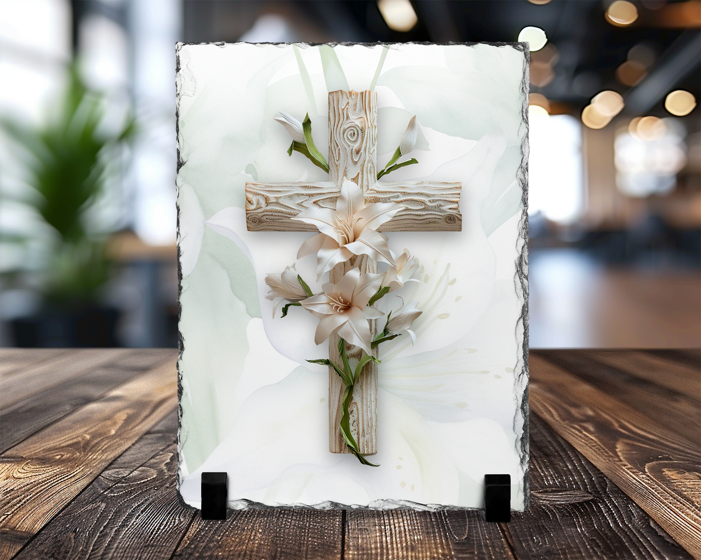 Wooden Cross Slate Plaque with Easter Lily - Religious Home Decor