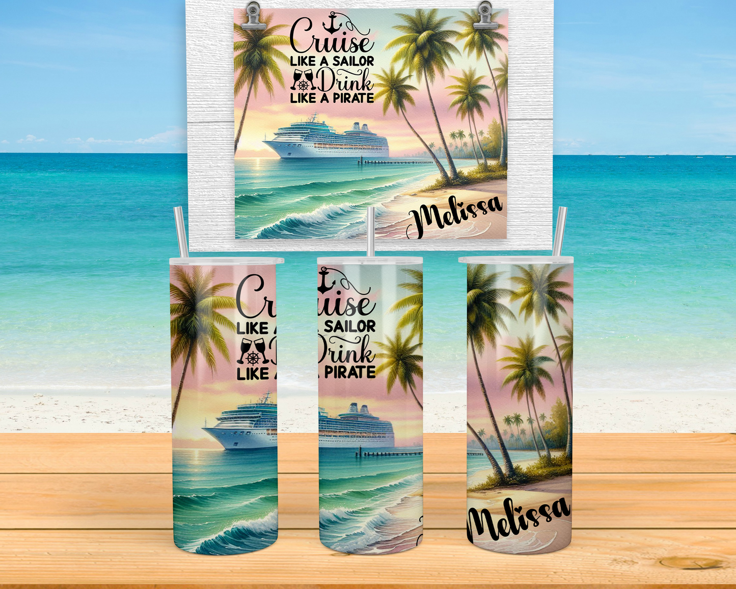 Personalized Tumbler Cup for Beach Vacations - Custom Girls Trip Family Cruise Travel Mug with Lid
