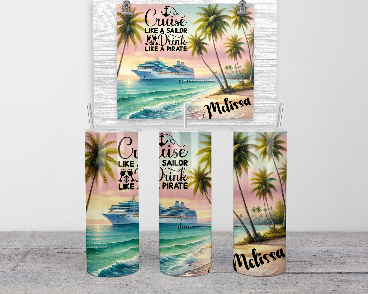 Personalized Tumbler Cup for Beach Vacations - Custom Girls Trip Family Cruise Travel Mug with Lid