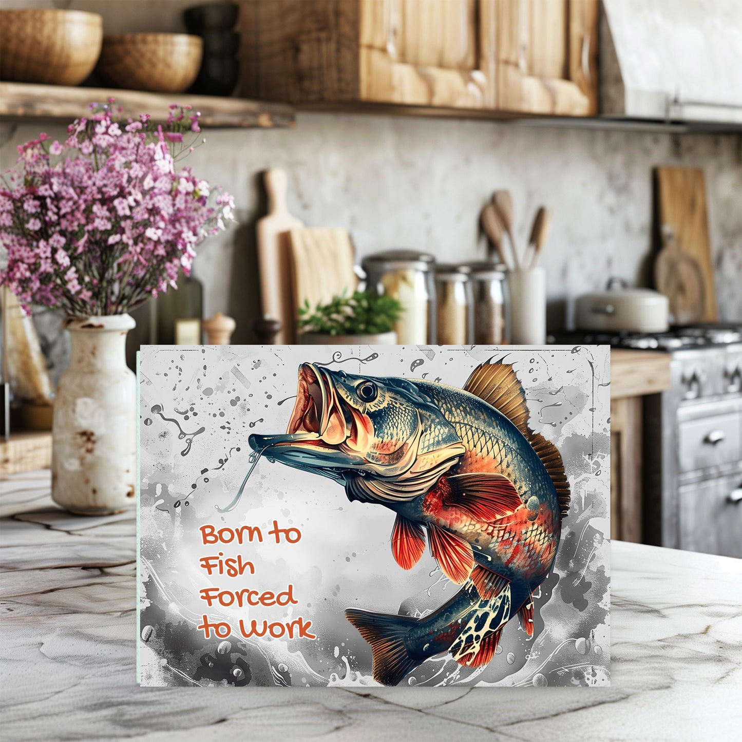 Born To Fish Tempered Glass Cutting Board 11x15 Kitchen Art - Perfect Fishing Gift for Dad or Him