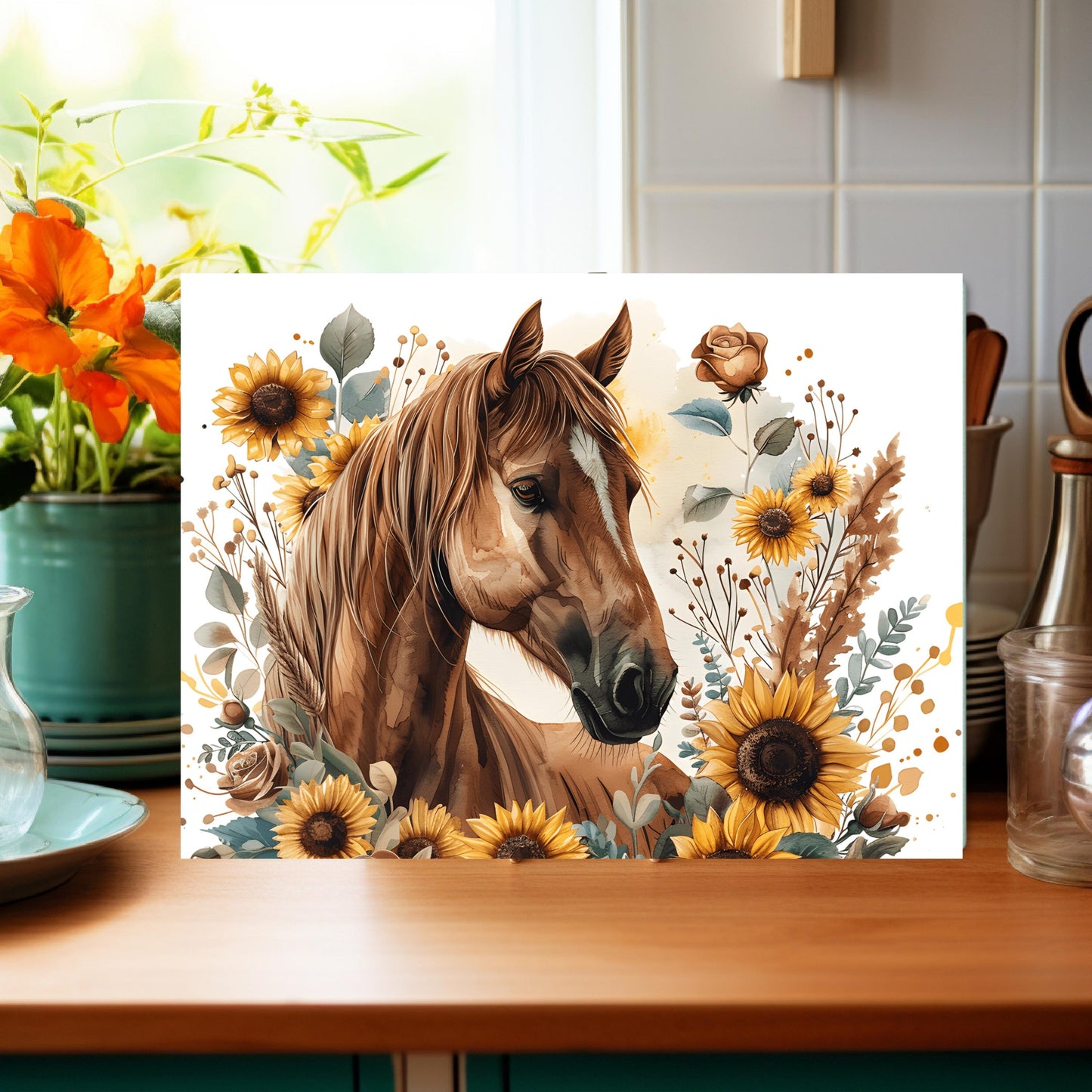 Horse and Sunflower Tempered Glass Cutting Board - Perfect Gift for Horse Lovers 11x15 Kitchen Art