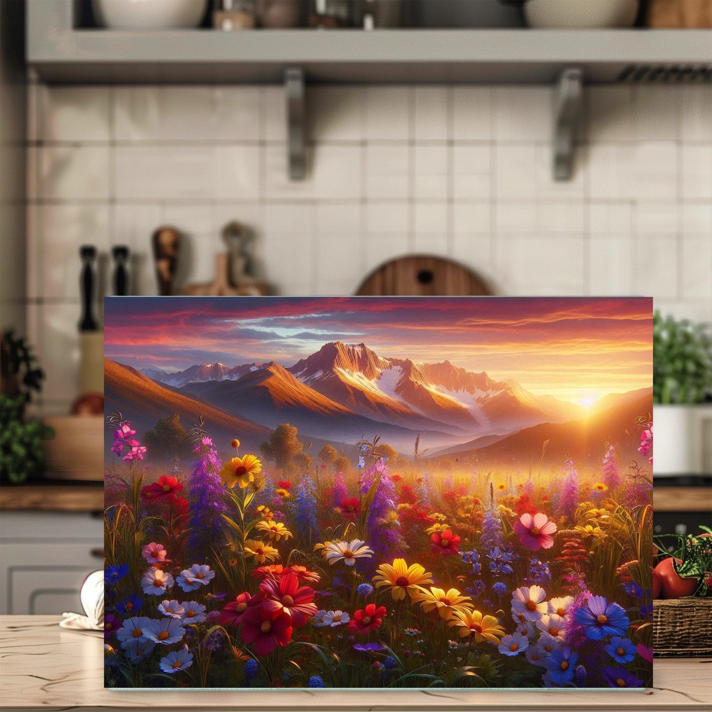 Mountain Valley Sunset Cutting Board with Wildflowers Snow-Capped Peaks - Perfect Gift for Outdoor Lovers Hostess