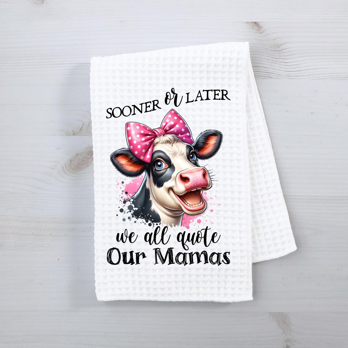 Witty Cow Head Kitchen Towel with Pink Bow Fun Quote for Moms Unique Gift for Daughters