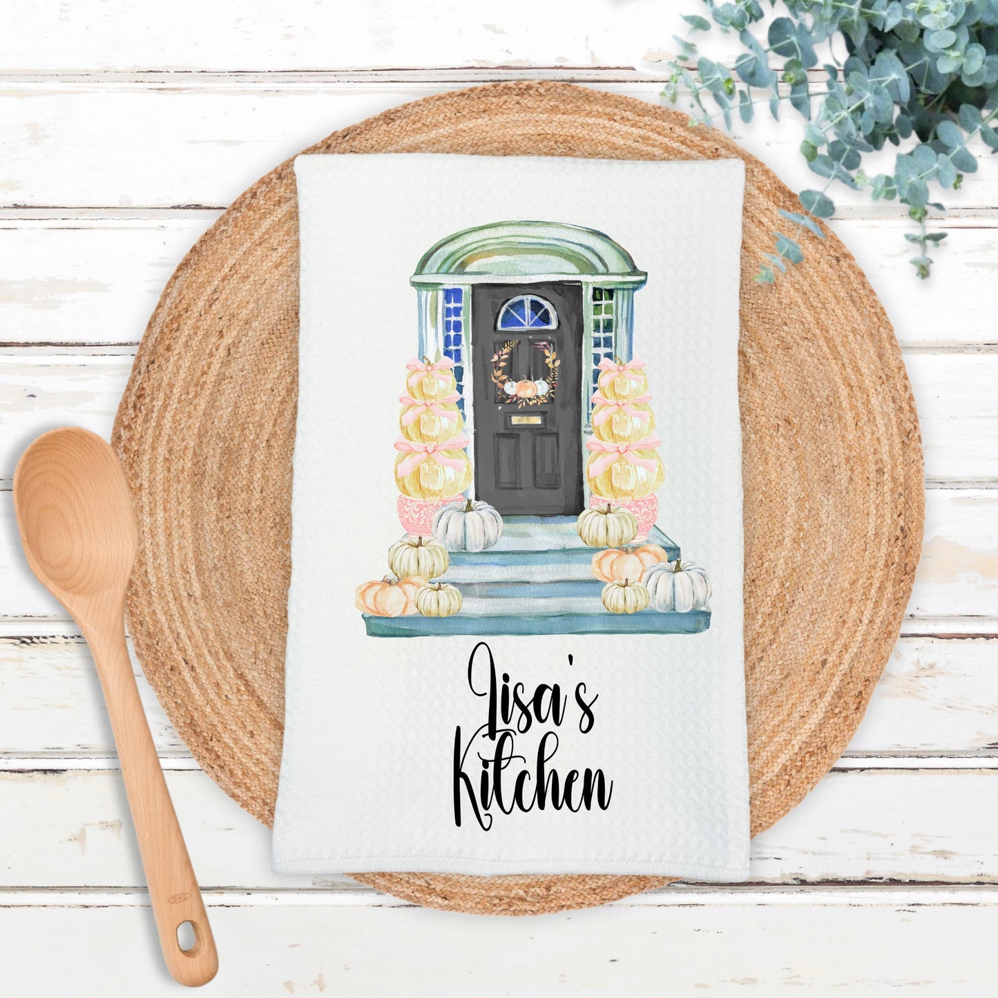Personalized Fall Front Door Towel with Autumn Porch Scene - Perfect Thanksgiving Hostess Gift