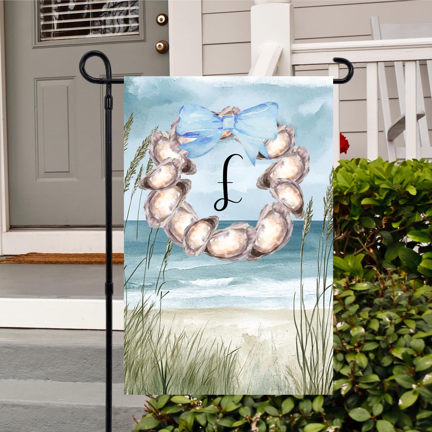 Custom Beach Initial Garden Flag with Oyster Wreath Blue Bow Decoration