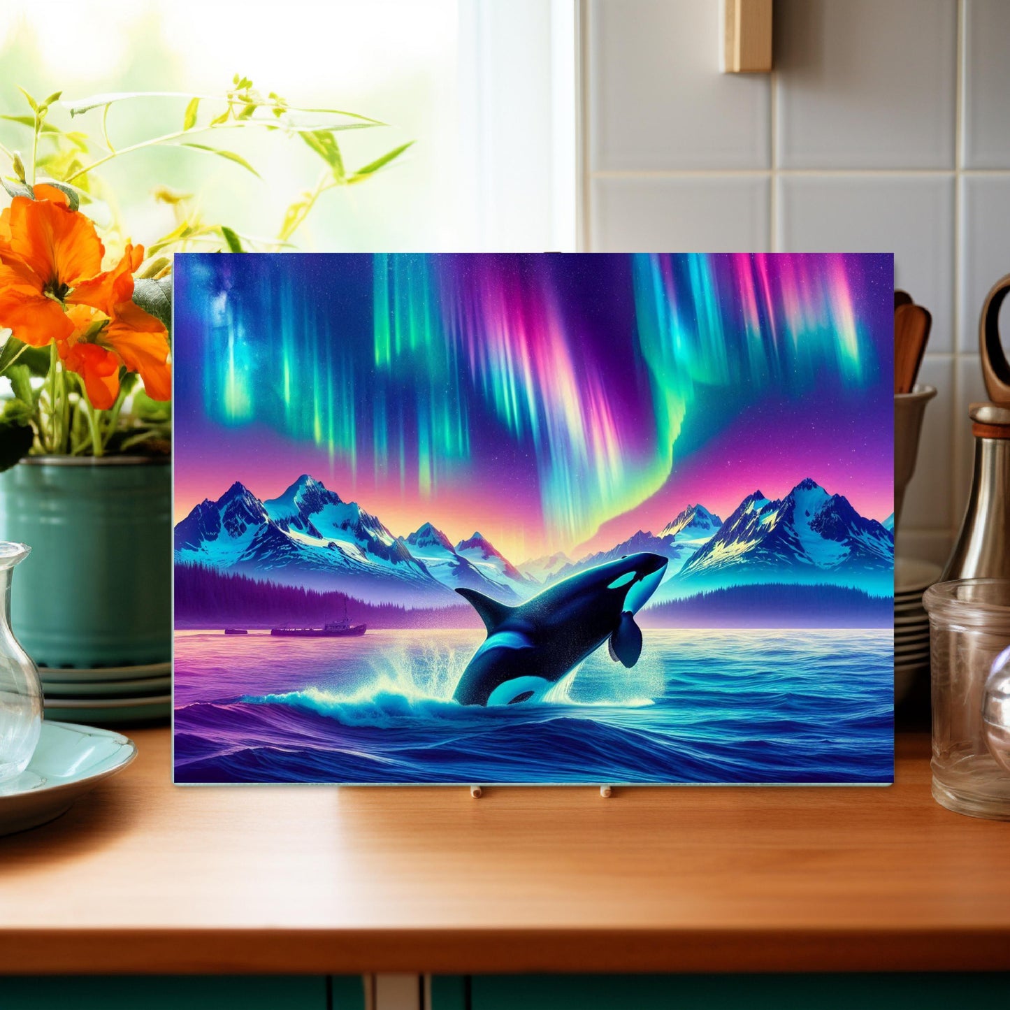 Orca Breach Tempered Glass Cutting Board 11x15 Kitchen Art with Northern Lights and Colorful Ocean Wildlife - Perfect Hostess Gift
