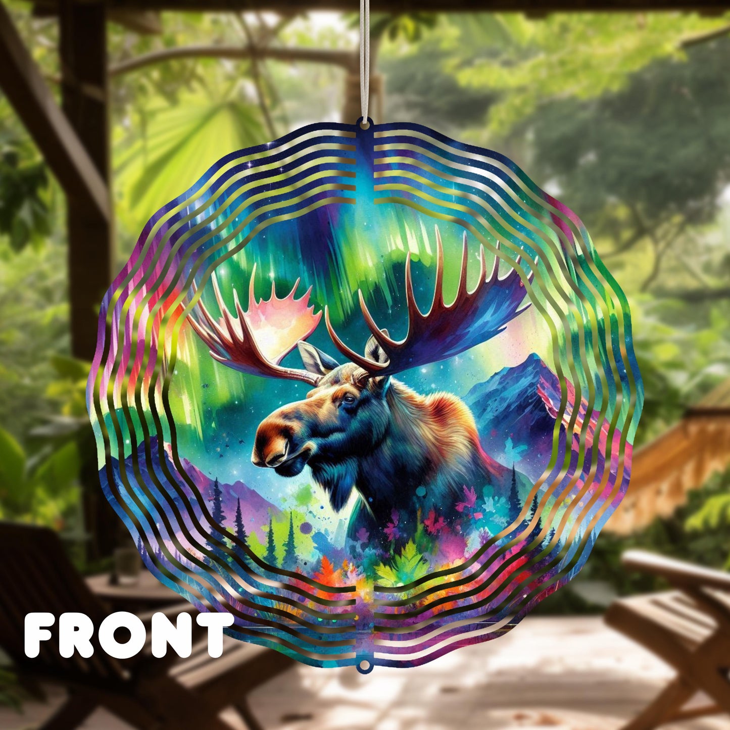 Double-Sided Moose Head Wind Spinner - 10x10 Watercolor Forest Northern Lights Art
