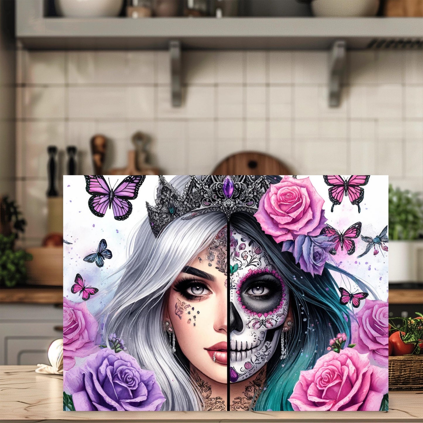 Gothic Princess Glass Cutting Board - Day of the Dead Kitchen Decor Fantasy Gift