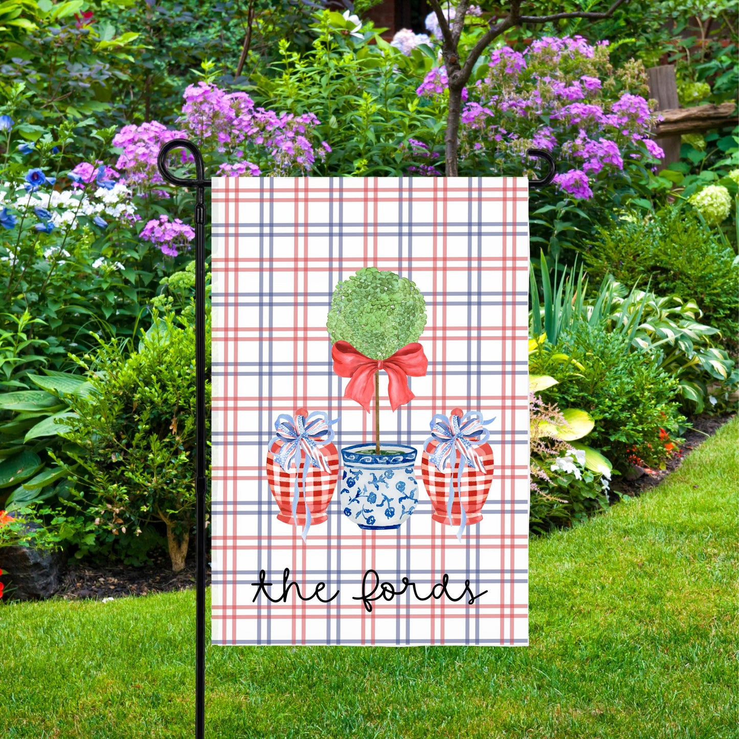 Custom 4th of July Garden Flag - Preppy Chinoiserie Topiary Design for Housewarming Gifts