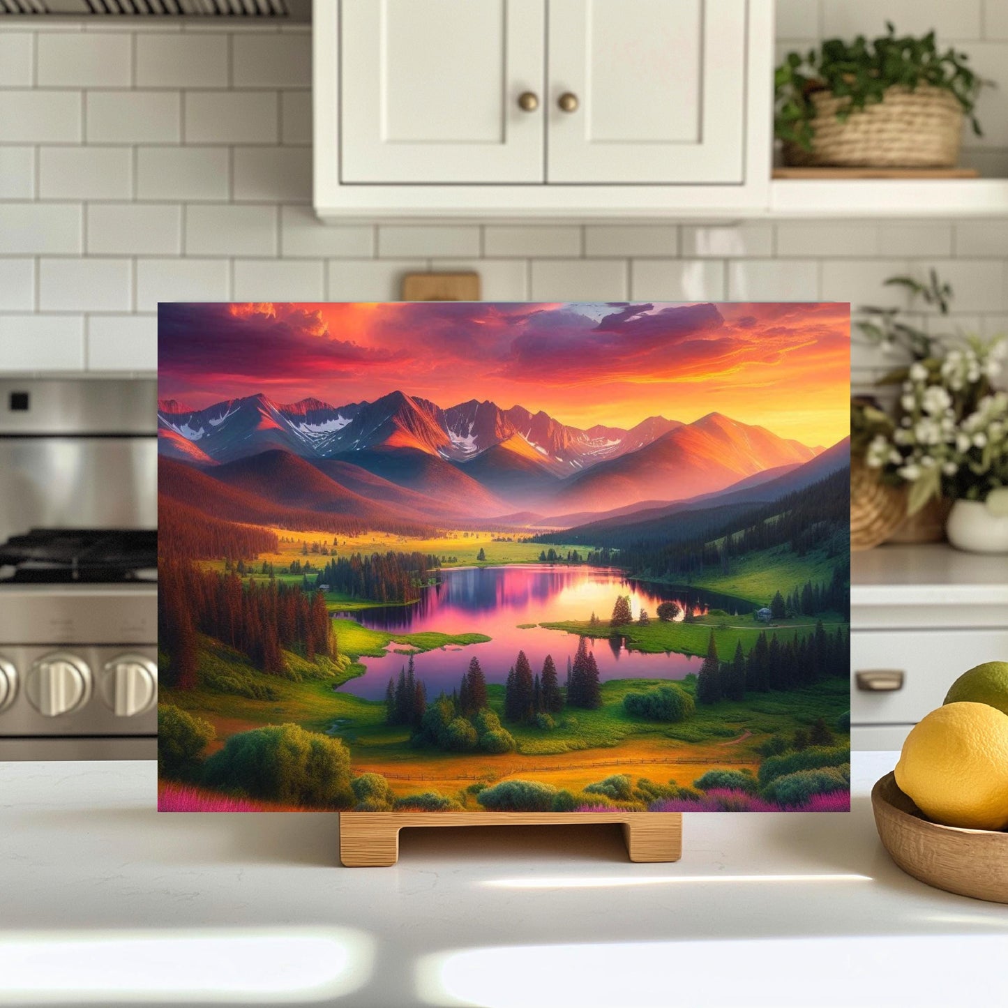 Mountain Lake Sunset Glass Cutting Board - Nature-Inspired Housewarming Gift