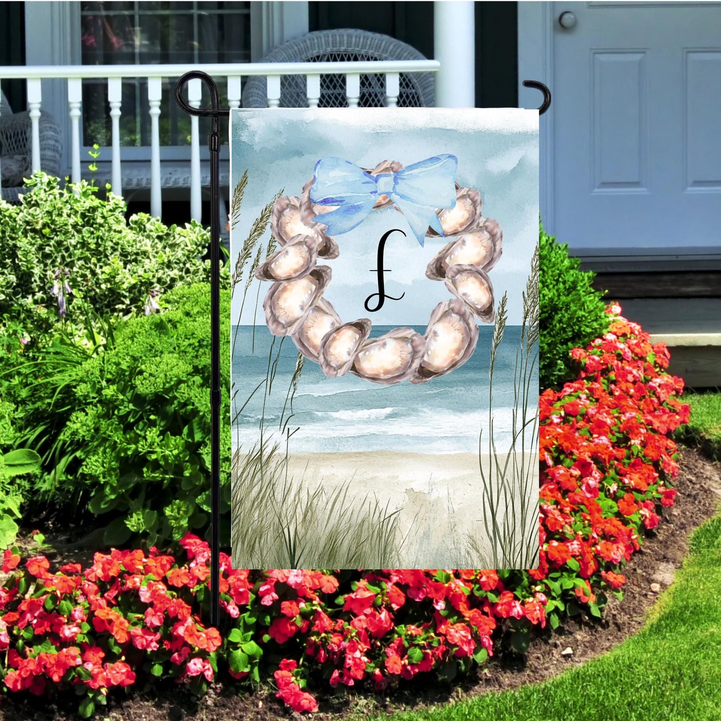 Custom Beach Initial Garden Flag with Oyster Wreath Blue Bow Decoration
