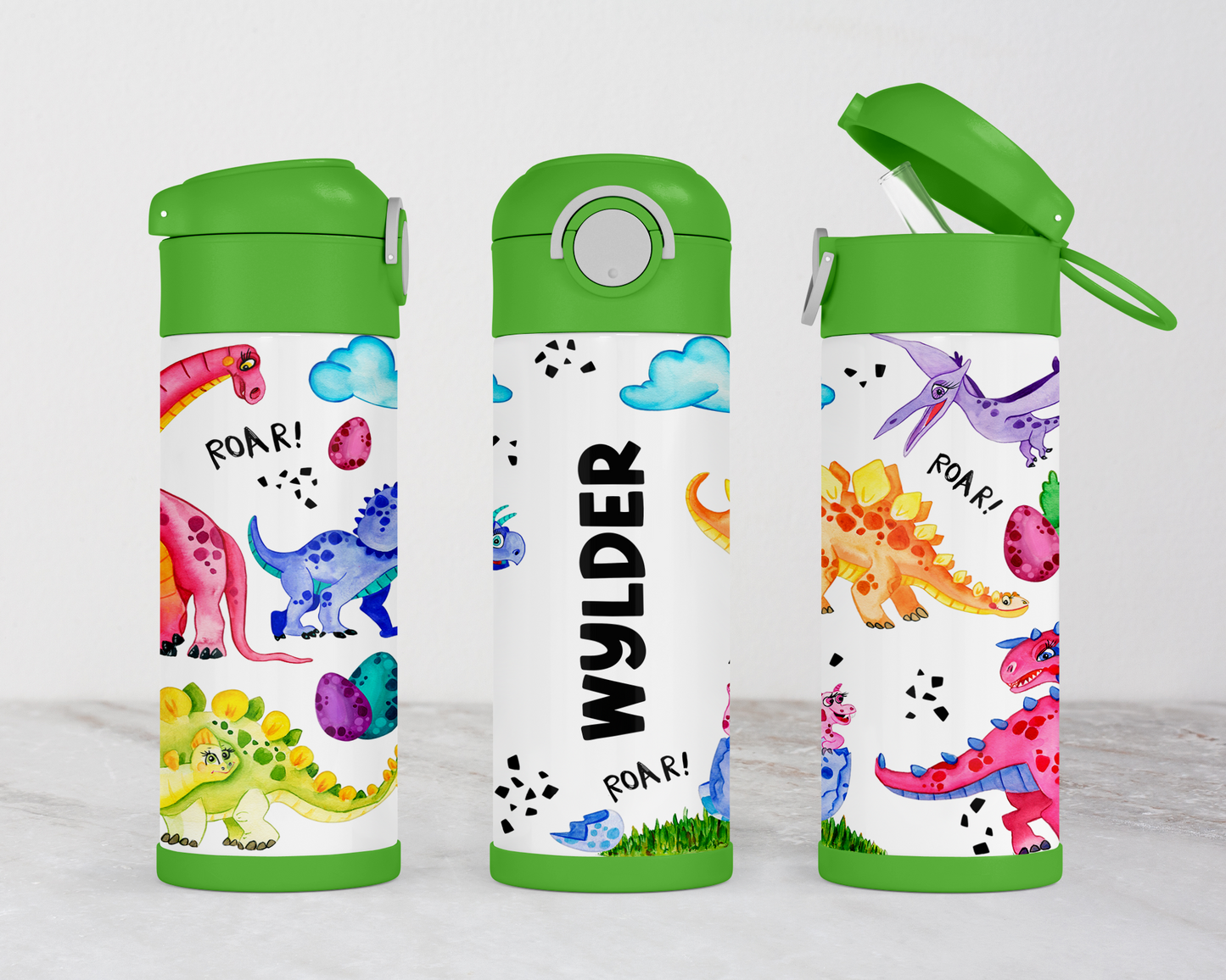 Personalized Dinosaur Water Bottle for Kids - Flip Top School Cup Perfect Birthday Gift