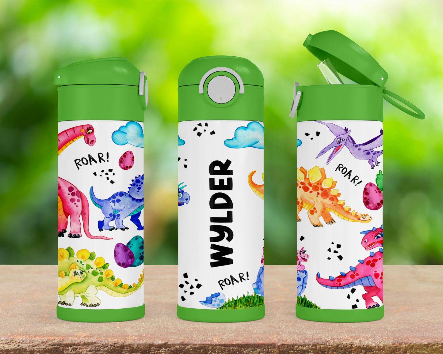 Personalized Dinosaur Water Bottle for Kids - Flip Top School Cup Perfect Birthday Gift