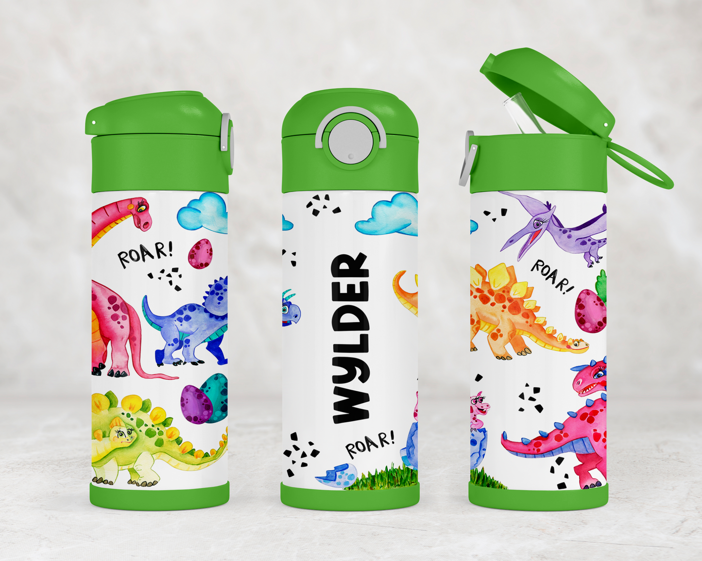Personalized Dinosaur Water Bottle for Kids - Flip Top School Cup Perfect Birthday Gift