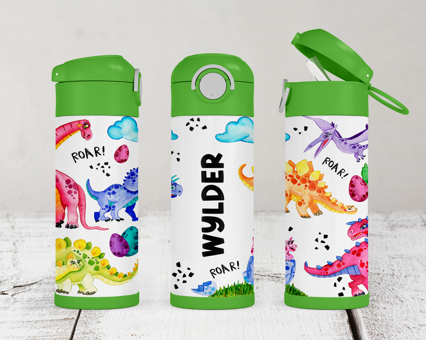 Personalized Dinosaur Water Bottle for Kids - Flip Top School Cup Perfect Birthday Gift