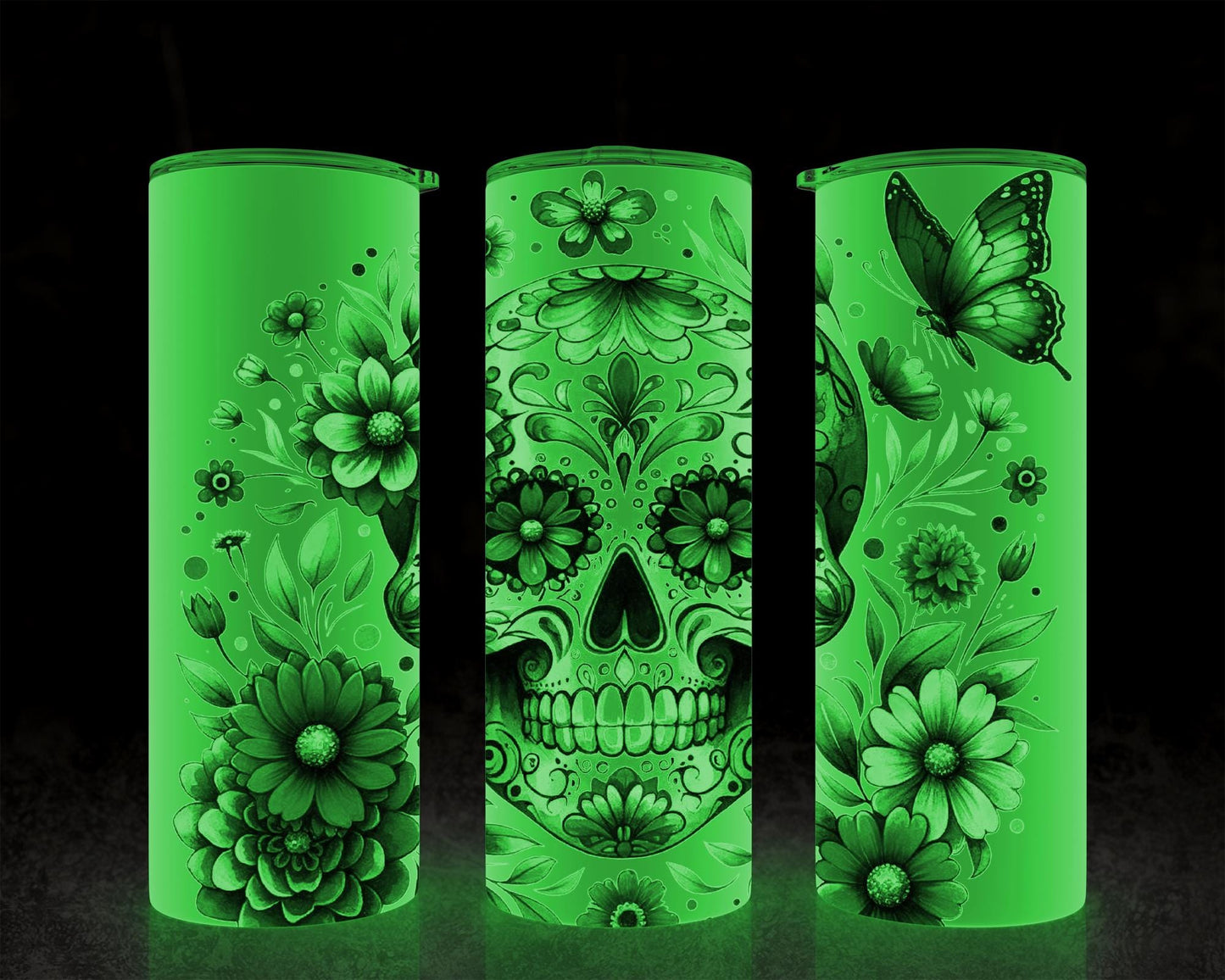 Glow-in-the-Dark Teal Sugar Skull Tumbler - Unique Spook Chic Drinkware Gift