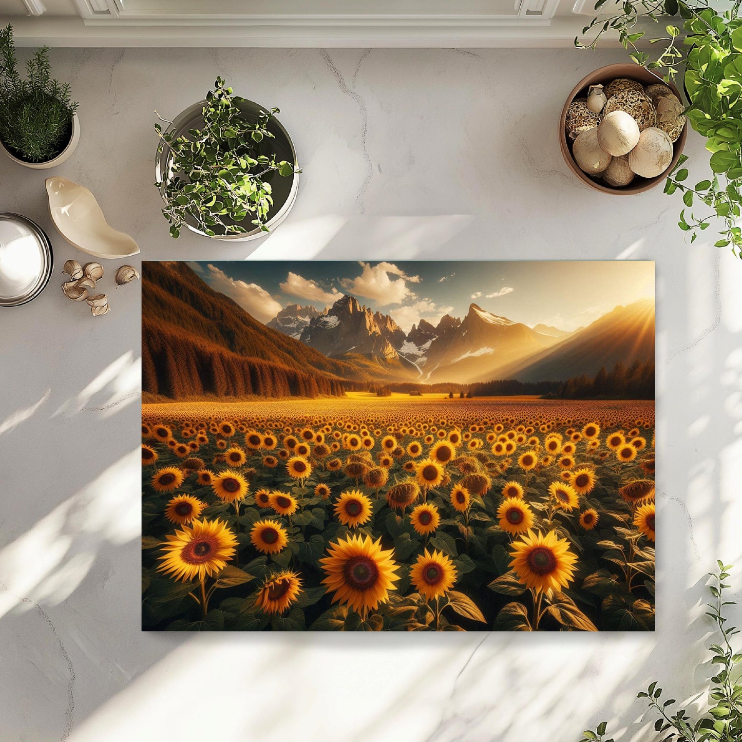 Sunflower Mountain Glass Cutting Board with Sunset Landscape Design