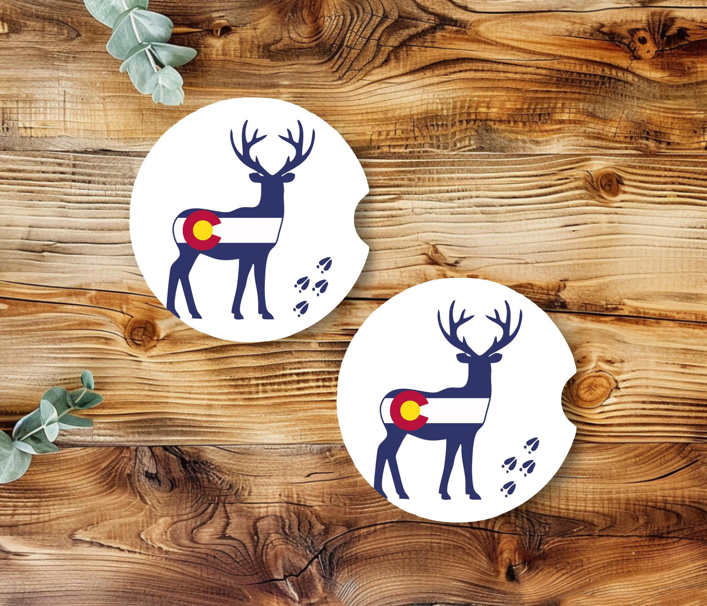 Whimsical Deer Print Car Coasters - Set of 2, Colorado Logo, Sandstone Coasters