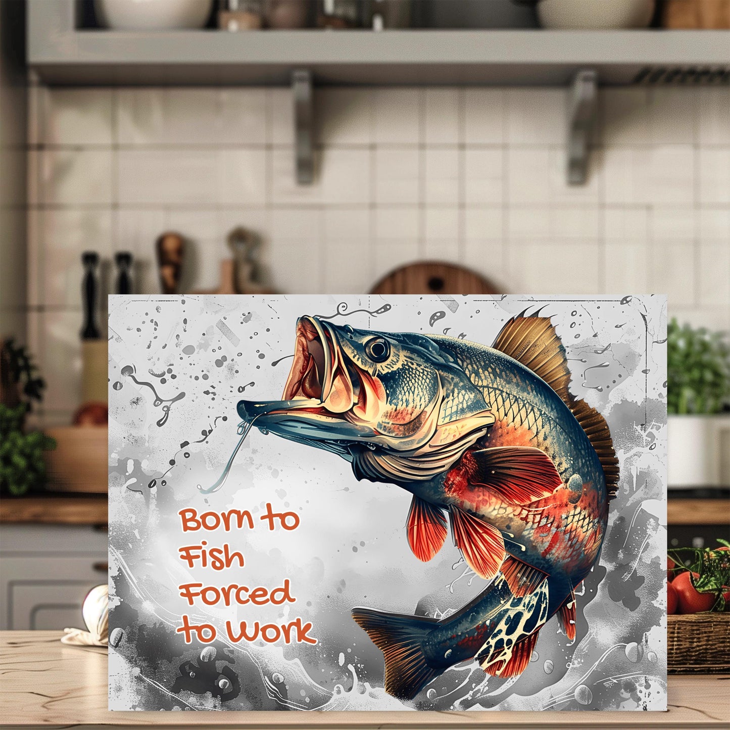 Born To Fish Tempered Glass Cutting Board 11x15 Kitchen Art - Perfect Fishing Gift for Dad or Him