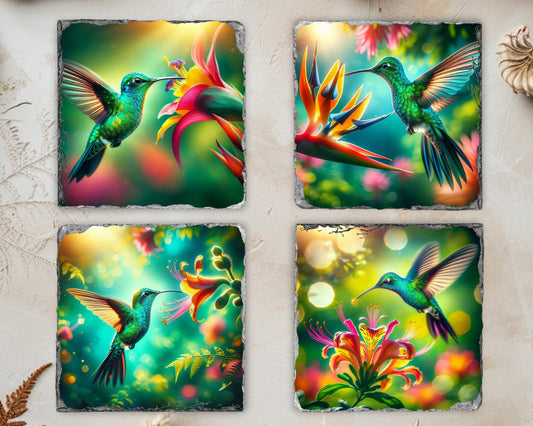 Hummingbird Slate Coaster Set - Colorful Floral Drink Coasters for Nature Enthusiasts