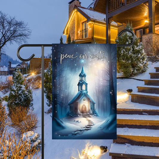 Garden Flag - Vintage Church Winter Scene 12x18 Inch Peace On Earth Design