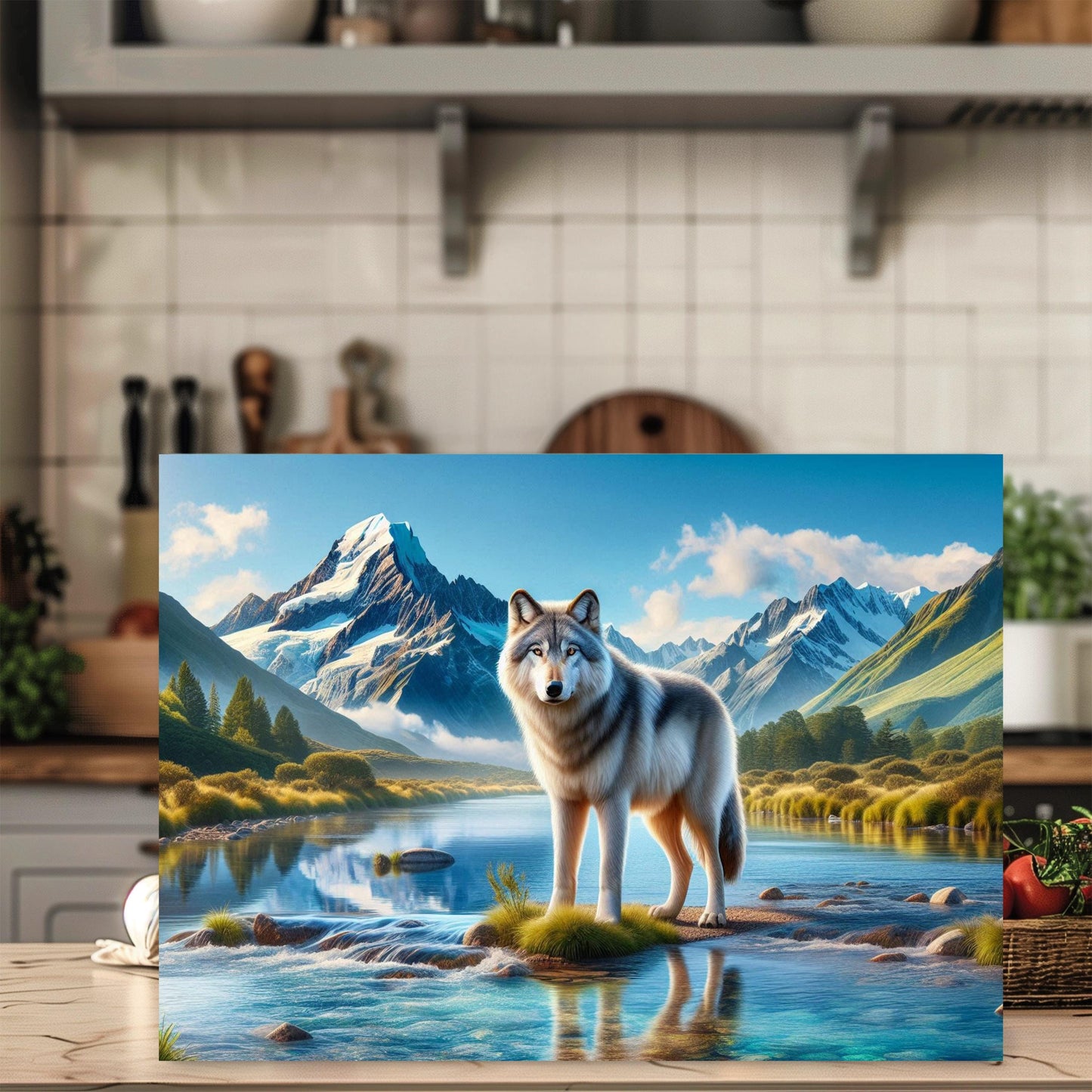 Wolf Art Cutting Board with Snow Capped Mountains Perfect Gift for Nature Lovers