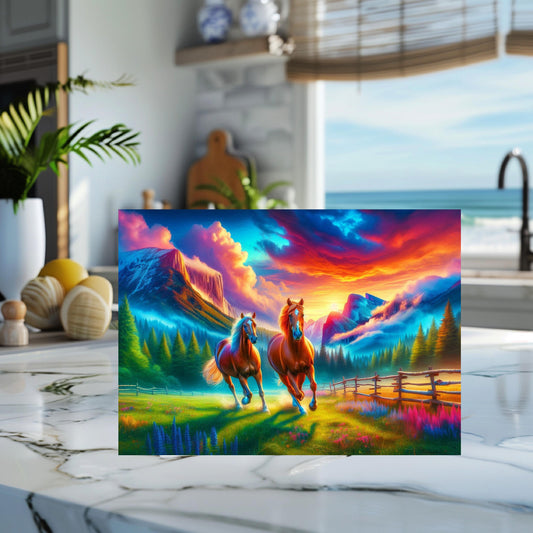Horse Sunset Cutting Board - Galloping Horses in Mountain Valley - Perfect Gift for Horse Lovers and Farmhouse Kitchens