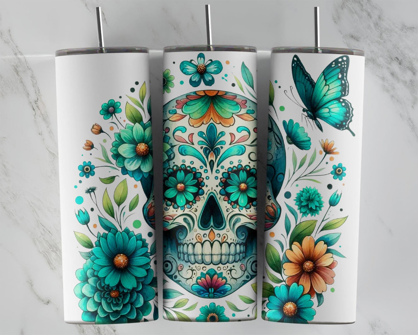 Glow-in-the-Dark Teal Sugar Skull Tumbler - Unique Spook Chic Drinkware Gift