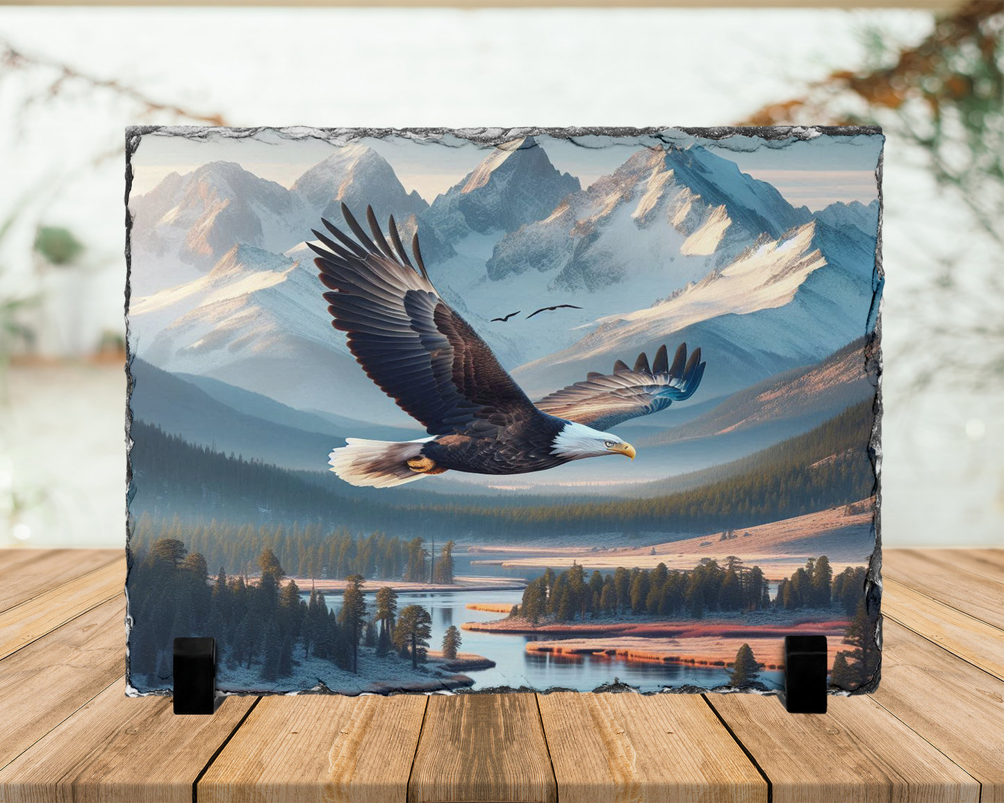 Eagle Photo Slate Art with River Snow-Capped Mountains Landscape