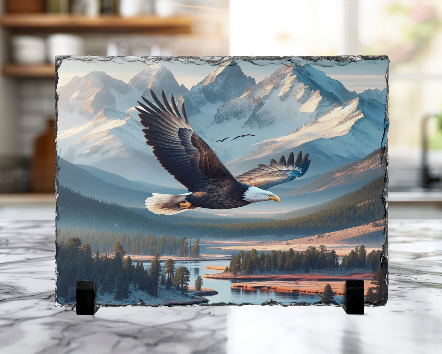 Eagle Photo Slate Art with River Snow-Capped Mountains Landscape