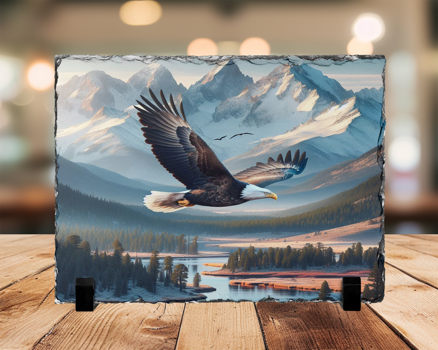 Eagle Photo Slate Art with River Snow-Capped Mountains Landscape