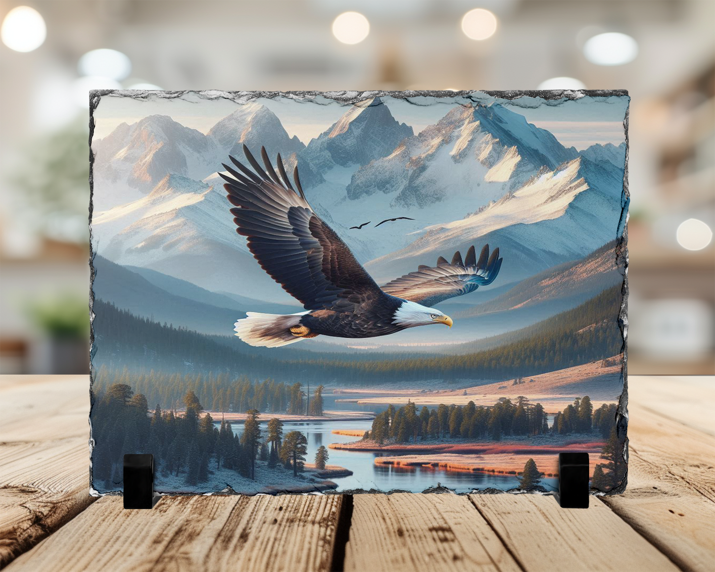 Eagle Photo Slate Art with River Snow-Capped Mountains Landscape