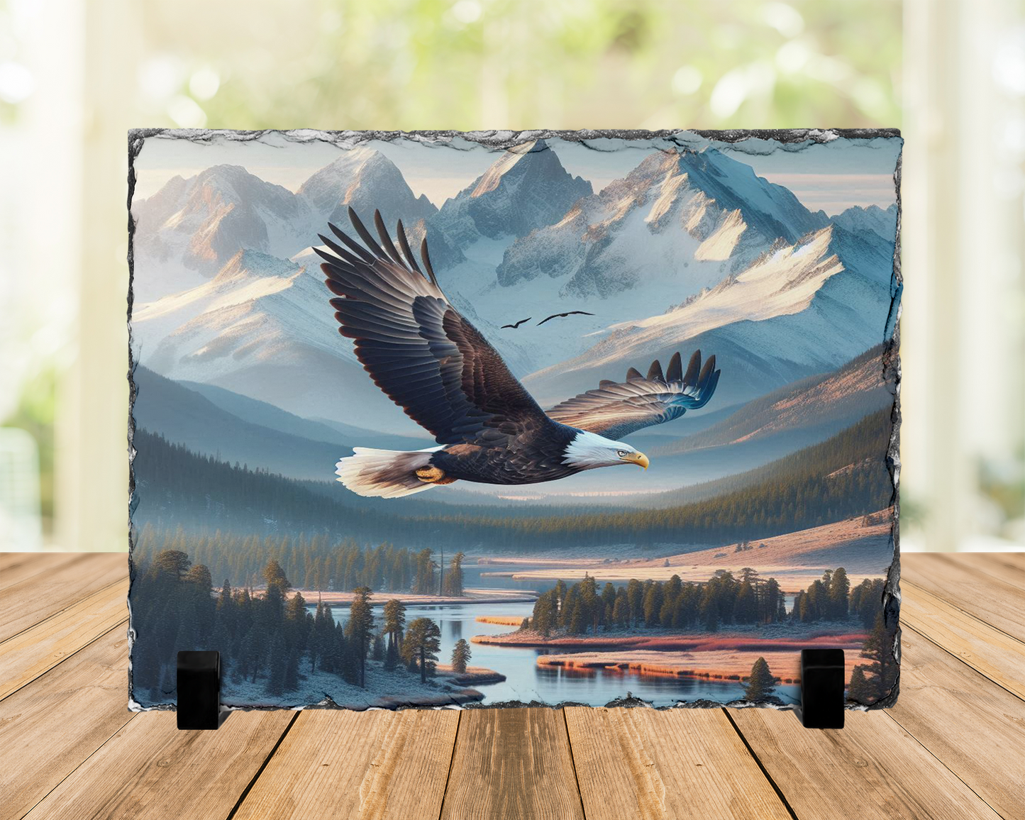 Eagle Photo Slate Art with River Snow-Capped Mountains Landscape